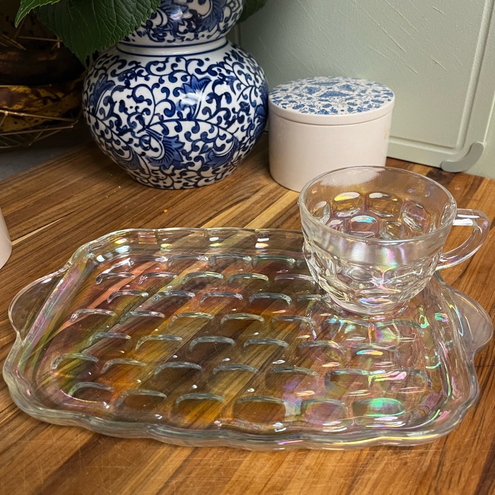 Set of 4 - Vintage Iridescent Federal Glass Yorktown Thumbprint Snack and Sip